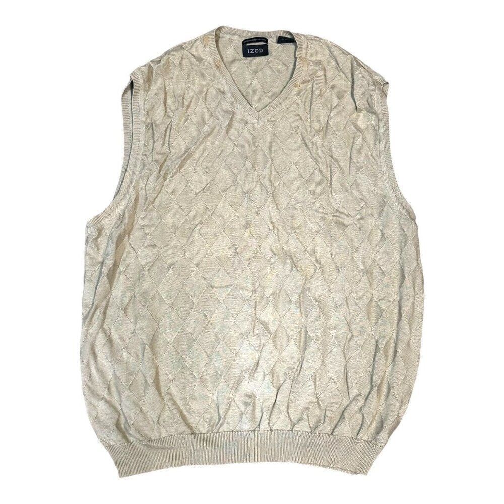 Izod Mens L Beige Mercerized Cotton Sleeveless Argyle Sweater Vest Argyle Golf